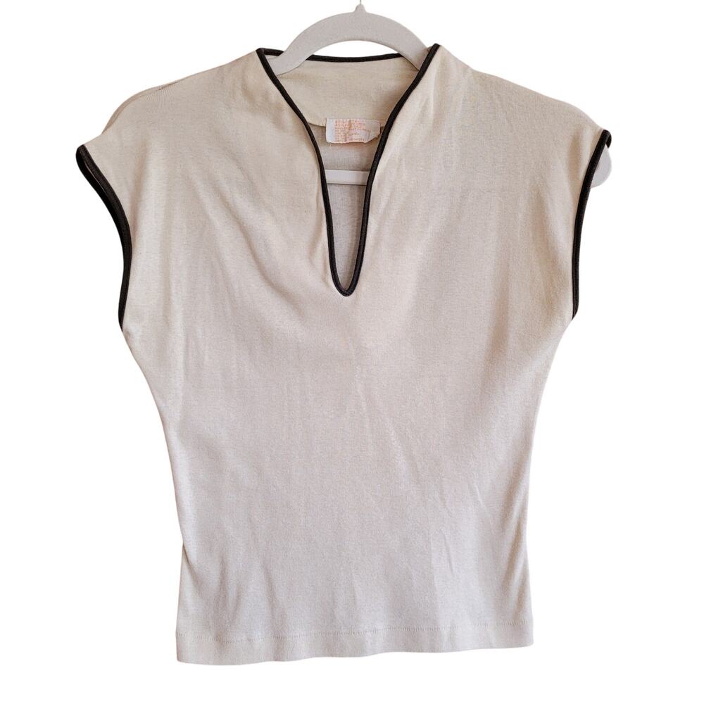 Vintage 70s Members Only Ivory Cap Sleeve Top Brown Contrast Trim Tennis Core